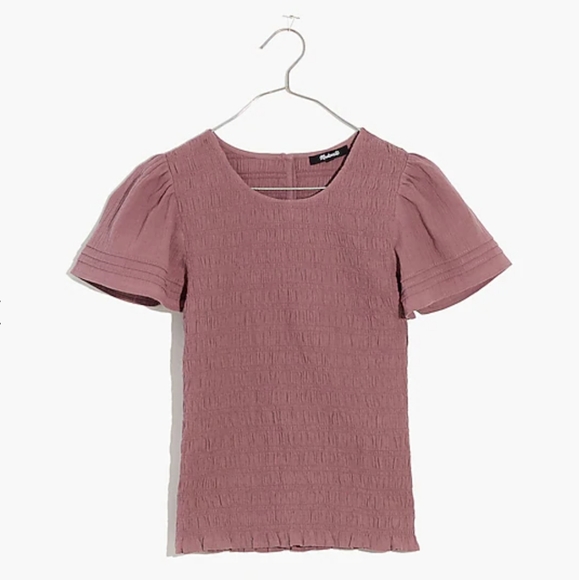 LIKE NEW Madewell Lucie Flutter-Sleeve Smocked Bodice Top in Fig - Picture 5 of 14